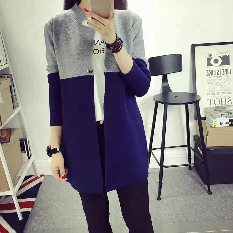 Blue Contrast Long Sleeve Fashion Cardigan Sweater