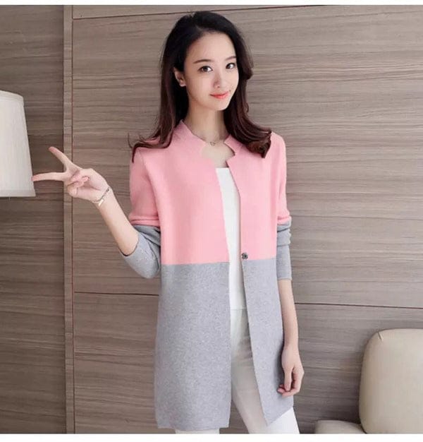 Pink Contrast Long Sleeve Fashion Cardigan Sweater