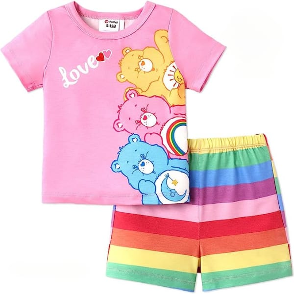 PINK LOVE BEAR PRINT SHORT-SLEEVE TEE & SHORTS SET