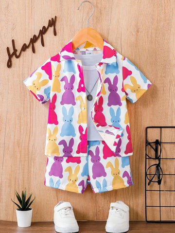 BABY/BOY SUMMER MULTI RABBIT PRINTED SILK SHIRT AND SHORT - #SS513