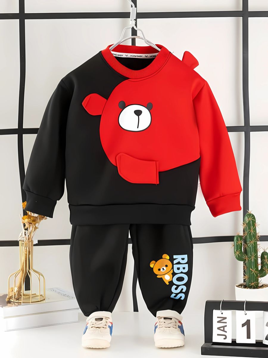 Black & Red  Pooh Print Kids Winter Panel Tracksuit