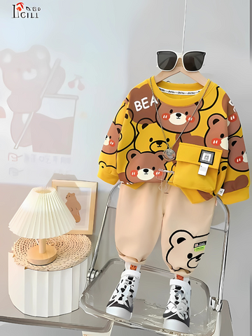 Yellow Bear With Pocket Printed Kids Tracksuit