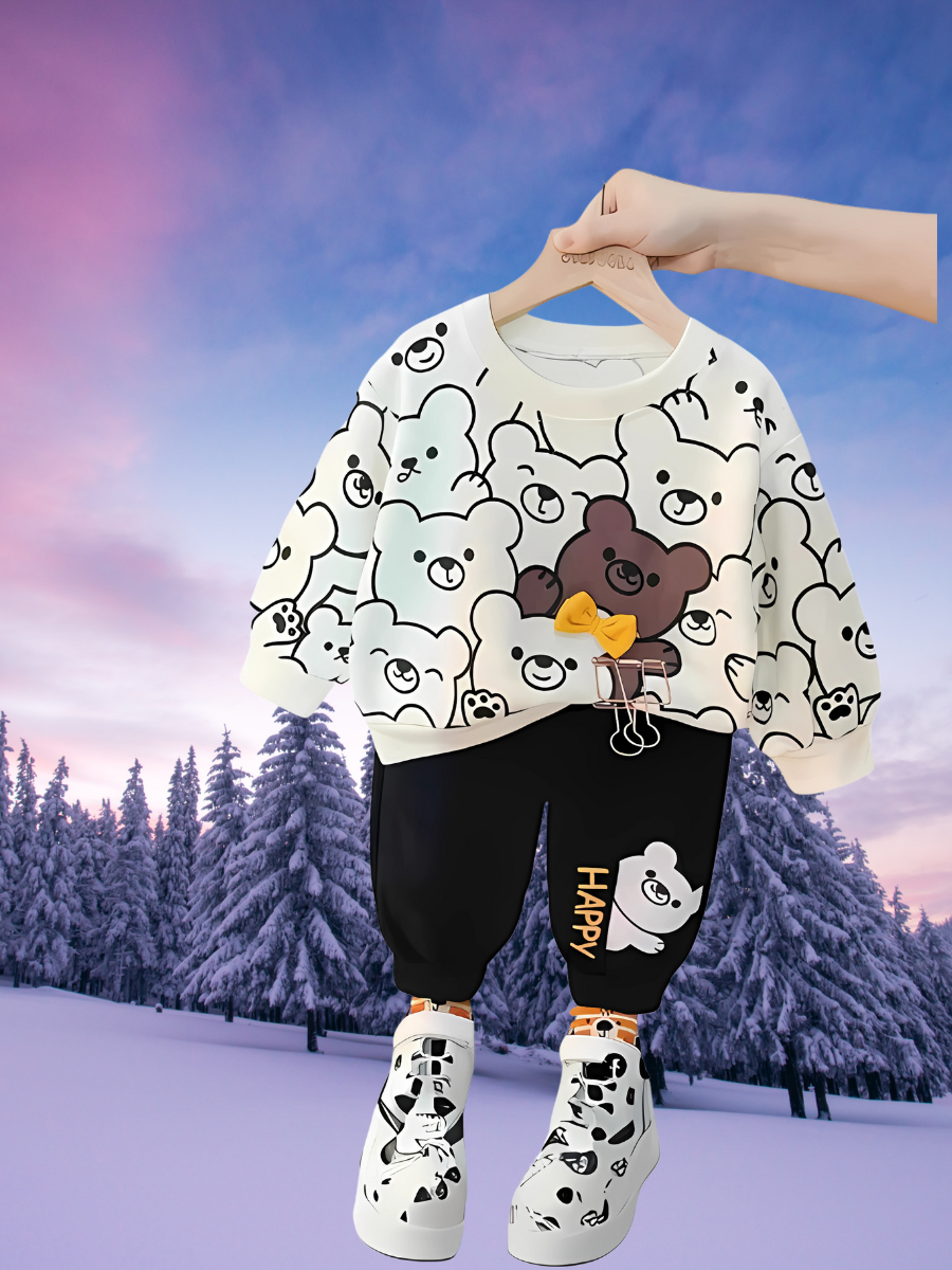 White & Black Teddy Bear Winter Panel Tracksuit